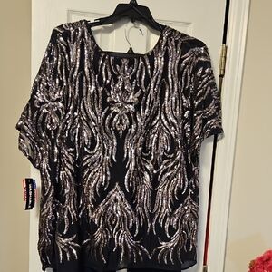 R&M Richards Navy and Silver Sequin Blouse